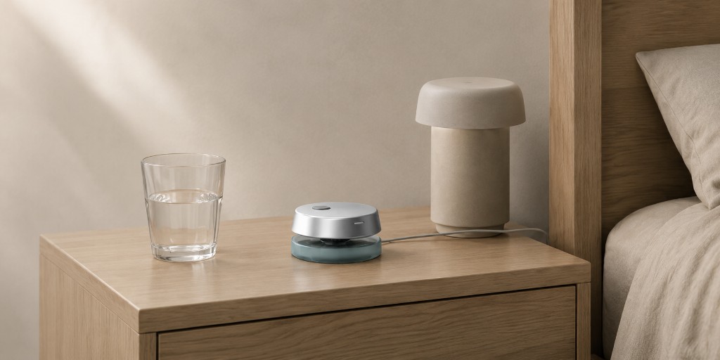 Ayasense hub on a bedside table beside a glass of water and a lamp